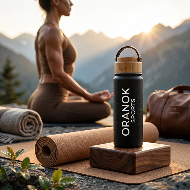 A branded sports water bottle on a wood block beside a woman meditating on a yoga mat at sunset in the mountains