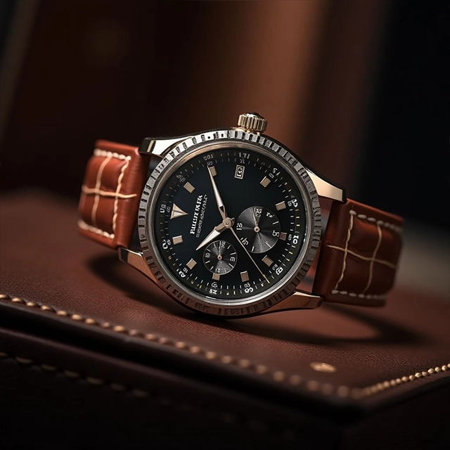 Close-up of a men's chronograph watch with a black dial and brown leather strap resting on a leather portfolio