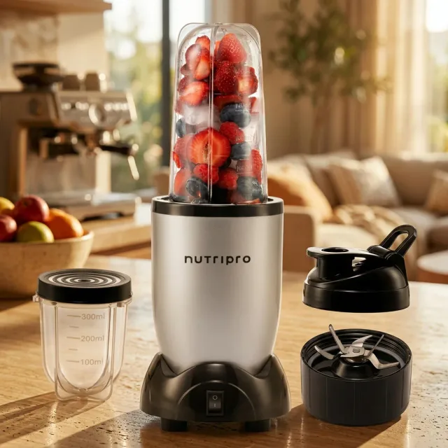 A countertop blender filled with berries next to a bowl of fruit in a sunlit kitchen