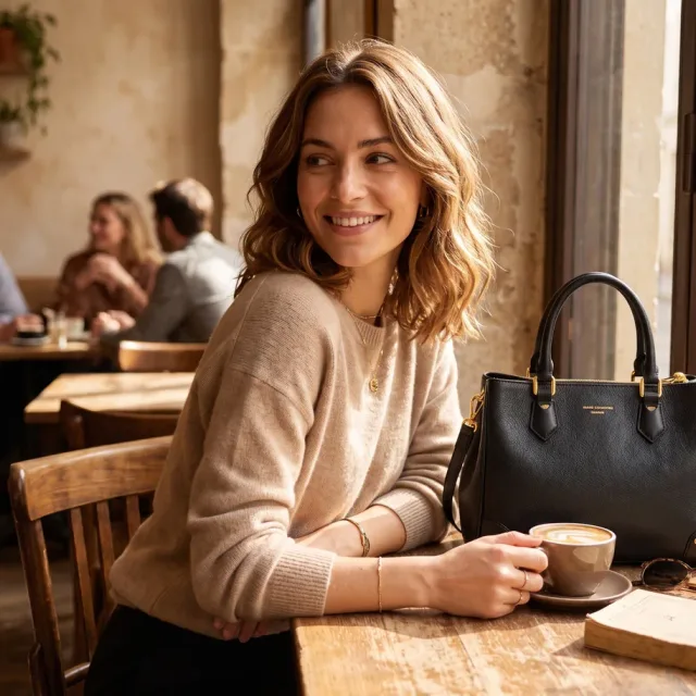 A woman smiling at a café table with a black leather handbag beside her coffee