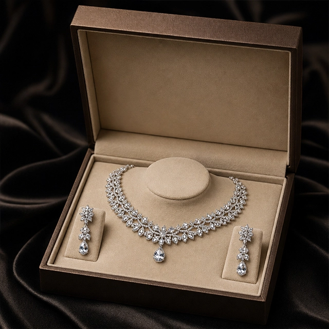 A diamond necklace and earring set displayed in an open jewelry box on dark satin fabric