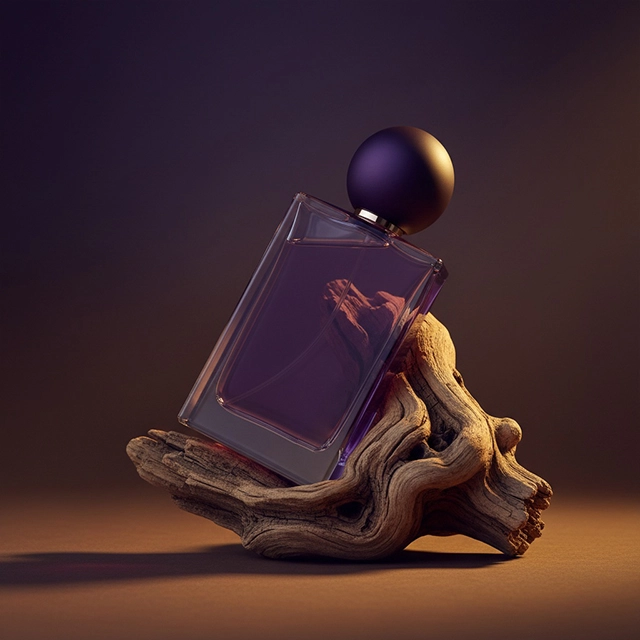 A purple glass perfume bottle with a round cap resting on driftwood against a dark, moody background