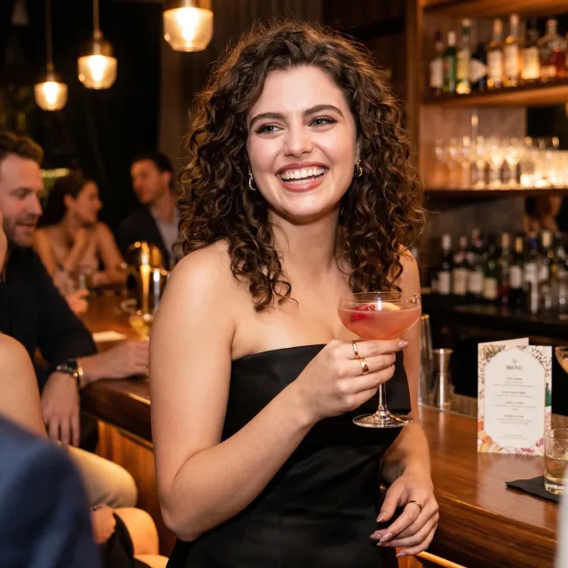 A woman laughing at a bar, wearing a ring and holding a cocktail
