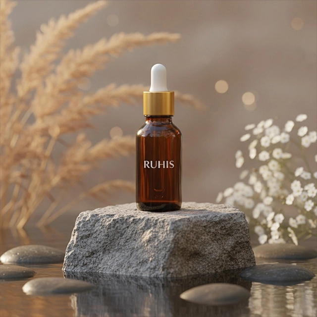 An amber dropper serum bottle labeled "RUHIS" on a stone pedestal surrounded by dried grass and white flowers