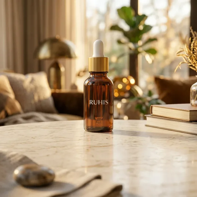 An amber glass serum bottle on a marble table in a warm, softly lit living room