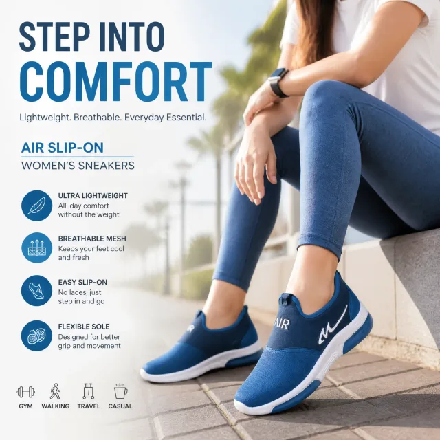 A feature infographic for women's slip-on sneakers, titled "Step Into Comfort," shown on a model's feet