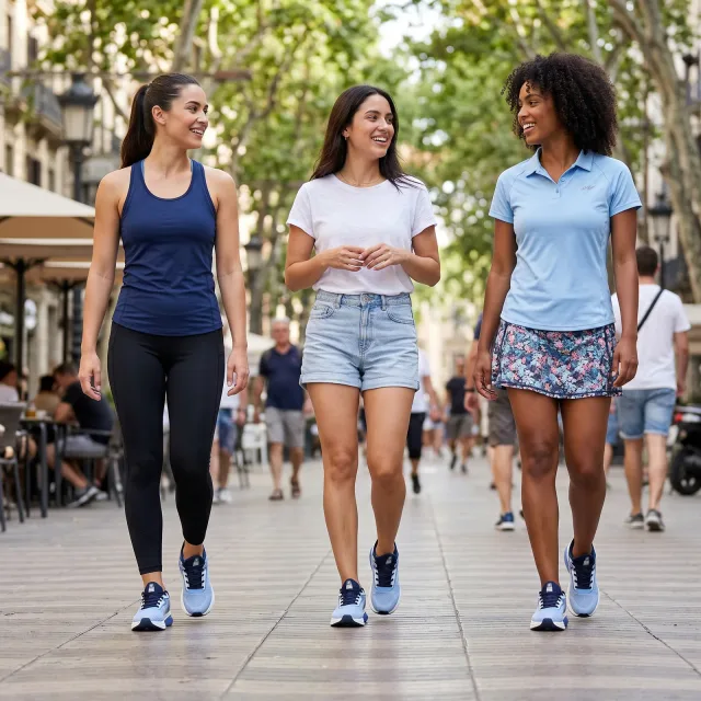 Three women walking and laughing together on a city street, all wearing the same sneakers