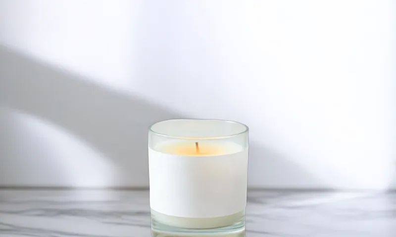 A lit candle in a glass jar on a white marble countertop with soft window light