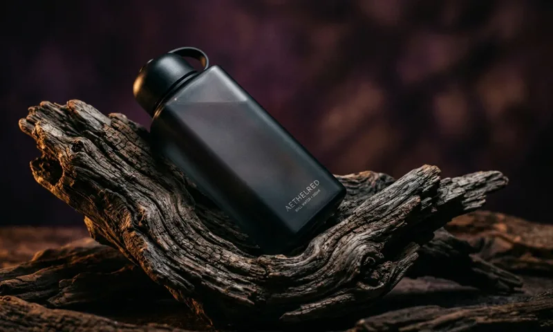 A dark water bottle resting on a piece of driftwood against a moody backdrop