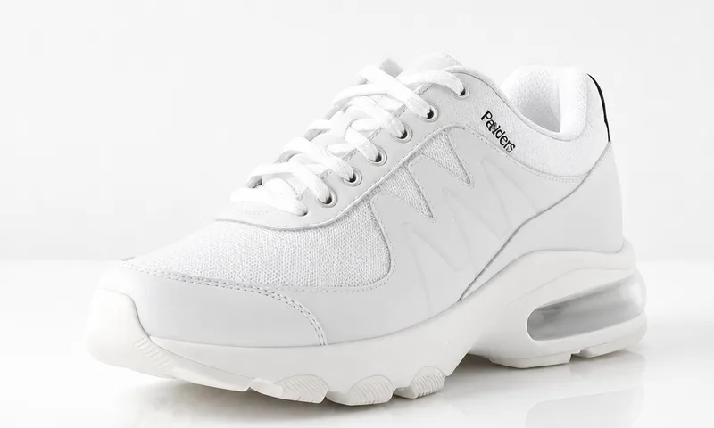 A white athletic sneaker photographed on a clean white studio background