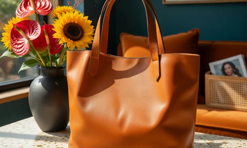 A tan leather tote bag styled on a sunlit table beside a vase of sunflowers