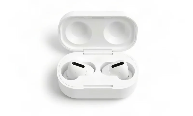 A pair of white wireless earbuds in an open charging case on a white studio background